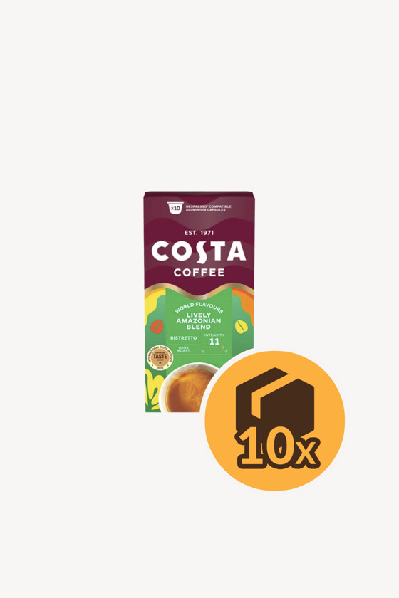 Costa Coffee kávé - Kávé 3-féle variánssal - Kapszulás - Nespresso kompatibilis - Lively Amazonian Blend Ristretto - 10 kapszula - 10 db - 1 karton